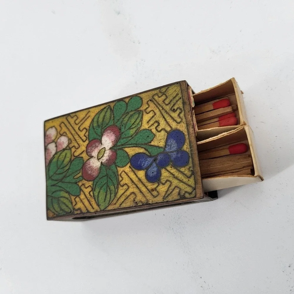 Antique Chinese Cloisonne‎ Enamel Matchbox Holder Floral Brass